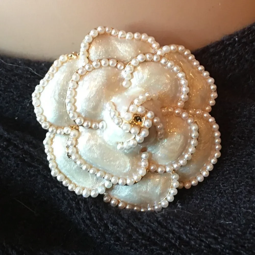 Pearl Camellia Flower Brooch Pin Ivory White Couture Style